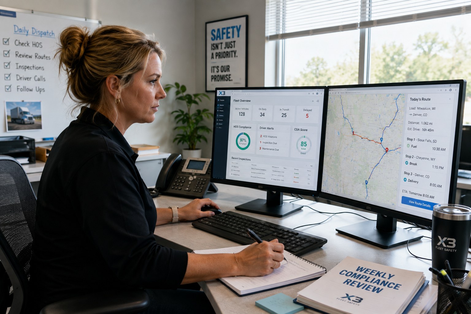 Dispatcher reviewing a fleet overview and route plan on two X3 screens
