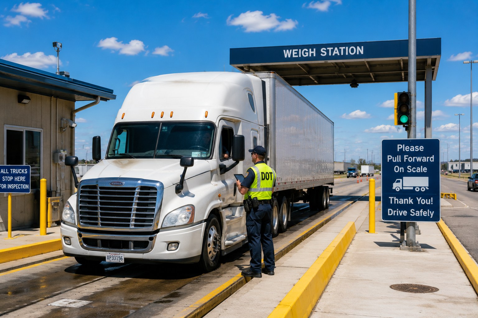 DOT officer with a tablet checking a truck on the scale at a weigh station
