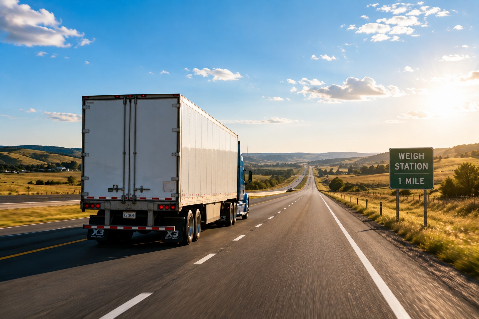 Tractor-trailer rolling toward a weigh station in golden-hour light, cleared to go