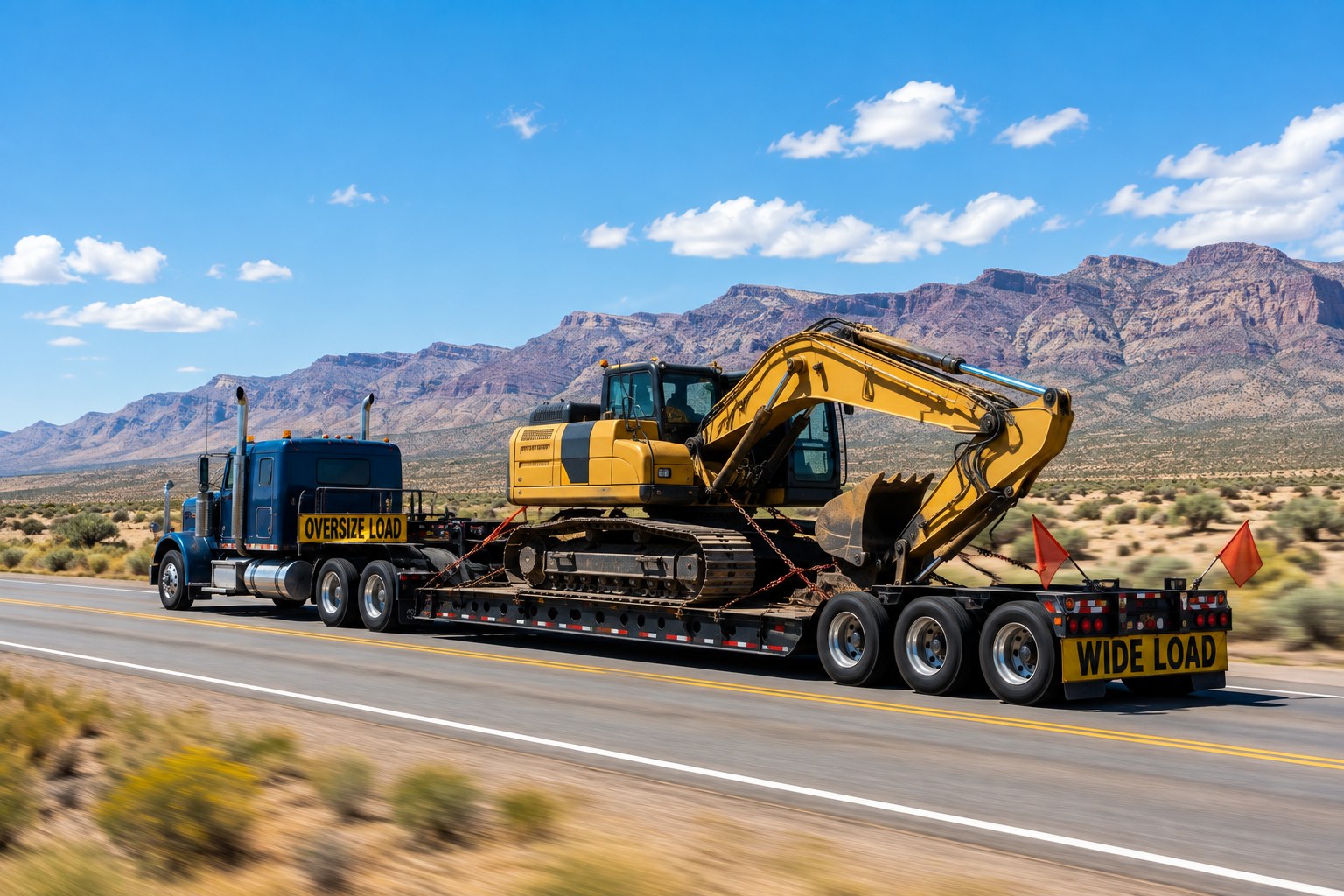 Oversize load: an excavator on a lowboy trailer crossing the desert under permit