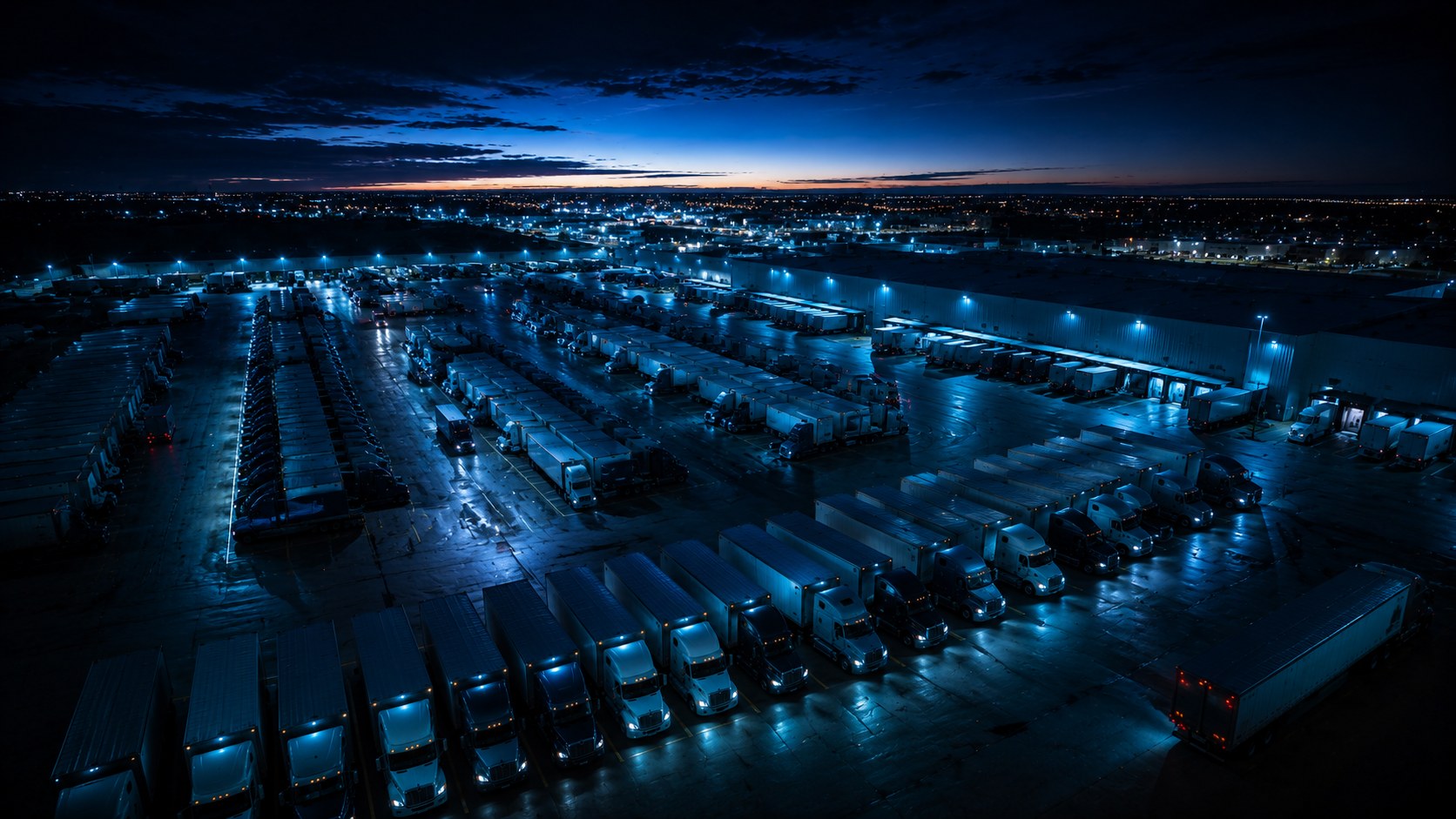 A truck yard at night from above, every unit under the lights