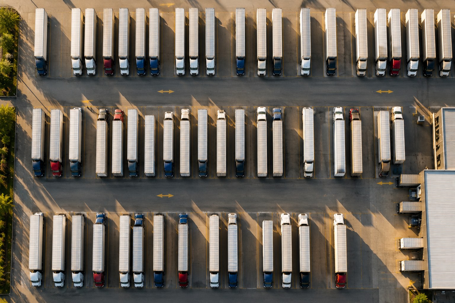 Aerial view of a fleet yard in morning light, every unit in its lane