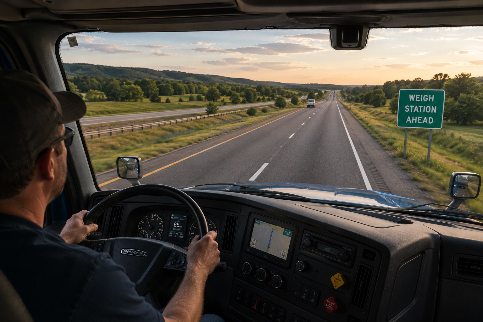 Driver at the wheel as a Weigh Station Ahead sign comes into view at sunset