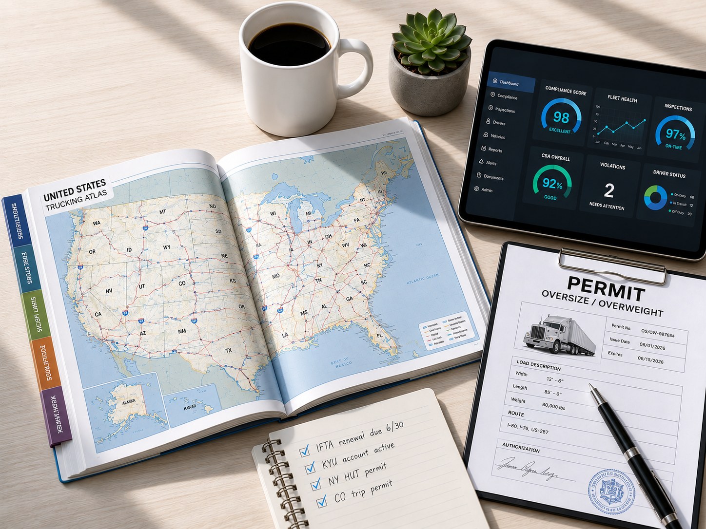 Trucking atlas, renewal checklist and an oversize permit beside a tablet dashboard