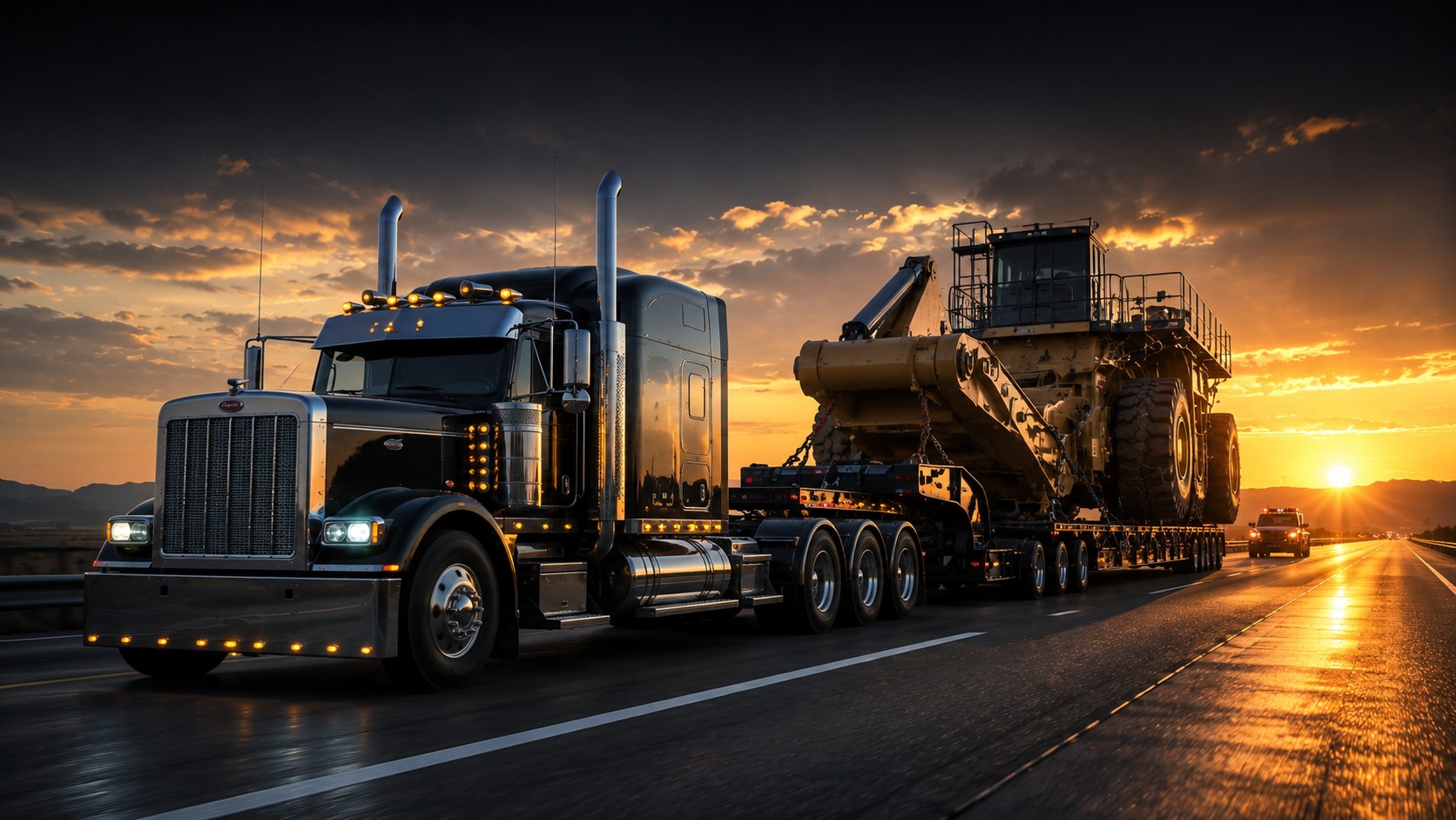 Oversize mining haul with an escort vehicle on the interstate at sunset